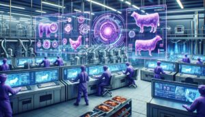 A purple team working in a meat facility